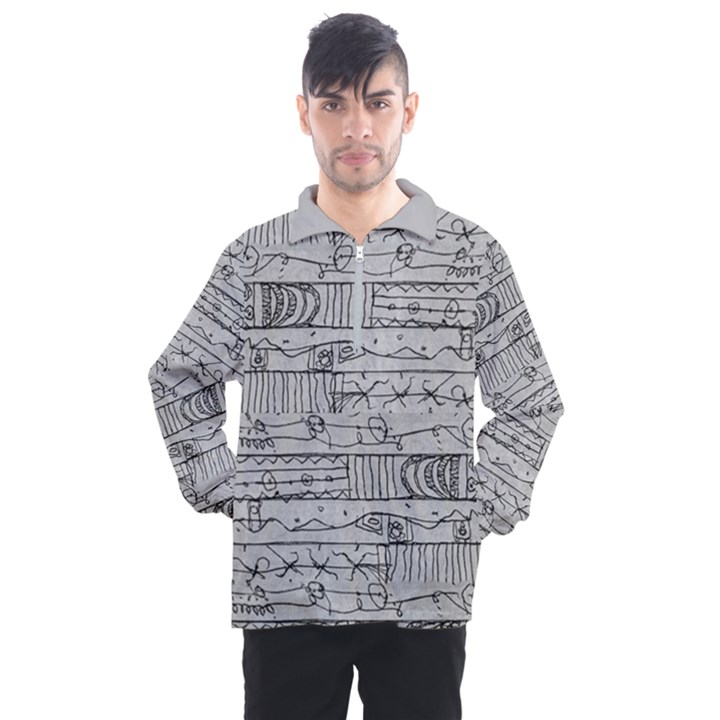 Black And White Hand Drawn Doodles Abstract Pattern Bk Men s Half Zip Pullover