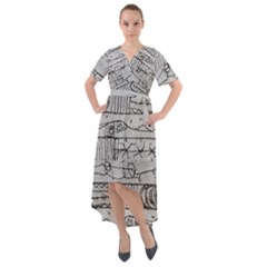 Black And White Hand Drawn Doodles Abstract Pattern Bk Front Wrap High Low Dress by dflcprintsclothing