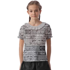 Black And White Hand Drawn Doodles Abstract Pattern Bk Kids  Frill Chiffon Blouse by dflcprintsclothing