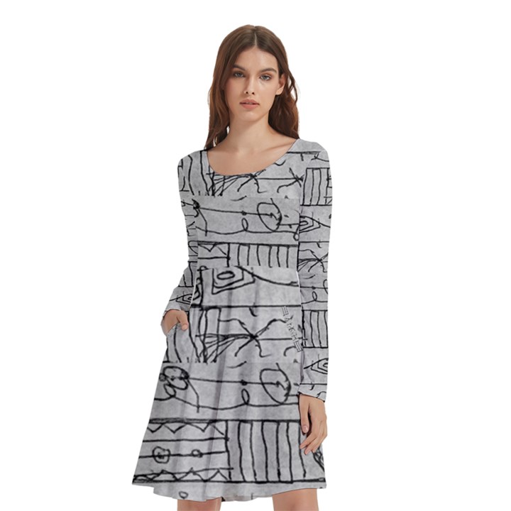 Black And White Hand Drawn Doodles Abstract Pattern Bk Long Sleeve Knee Length Skater Dress With Pockets