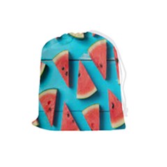 Watermelon Blue Background Drawstring Pouch (large) by Azkajaya