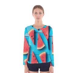 Watermelon Blue Background Women s Long Sleeve T-shirt