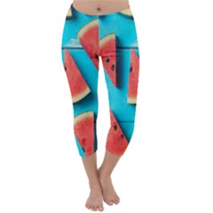 Watermelon Blue Background Capri Winter Leggings 