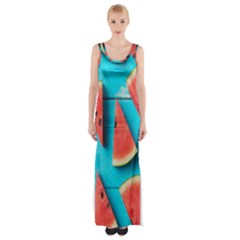 Watermelon Blue Background Thigh Split Maxi Dress by Azkajaya