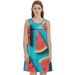 Watermelon Blue Background Round Neck Sleeve Casual Dress With Pockets