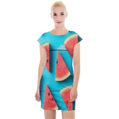 Watermelon Blue Background Cap Sleeve Bodycon Dress by Azkajaya