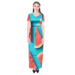 Watermelon Blue Background Short Sleeve Maxi Dress by Azkajaya