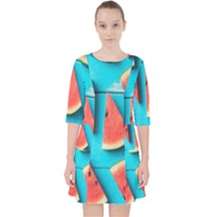 Watermelon Blue Background Quarter Sleeve Pocket Dress by Azkajaya