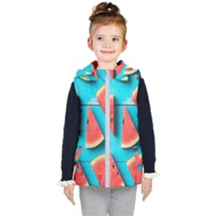 Watermelon Blue Background Kids  Hooded Puffer Vest