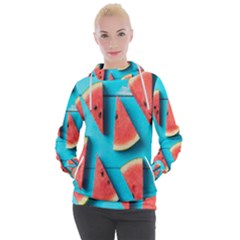 Watermelon Blue Background Women s Hooded Pullover by Azkajaya