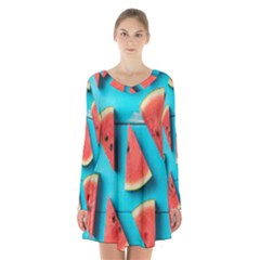 Watermelon Blue Background Long Sleeve Velvet V-neck Dress