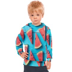 Watermelon Blue Background Kids  Hooded Pullover by Azkajaya