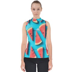 Watermelon Blue Background Mock Neck Shell Top by Azkajaya