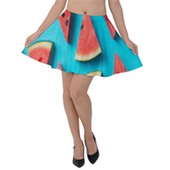 Watermelon Blue Background Velvet Skater Skirt