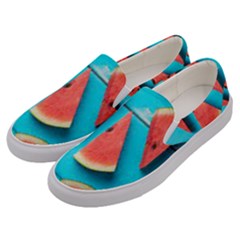 Watermelon Blue Background Men s Canvas Slip Ons by Azkajaya