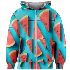 Watermelon Blue Background Kids  Zipper Hoodie Without Drawstring by Azkajaya