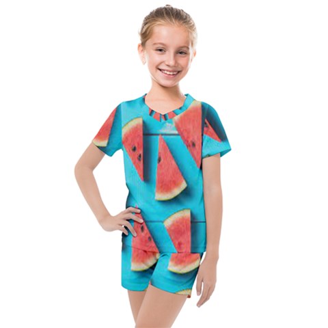 Watermelon Blue Background Kids  Mesh T-shirt And Shorts Set by Azkajaya