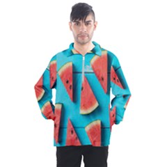 Watermelon Blue Background Men s Half Zip Pullover by Azkajaya