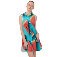 Watermelon Blue Background Sleeveless Shirt Dress by Azkajaya