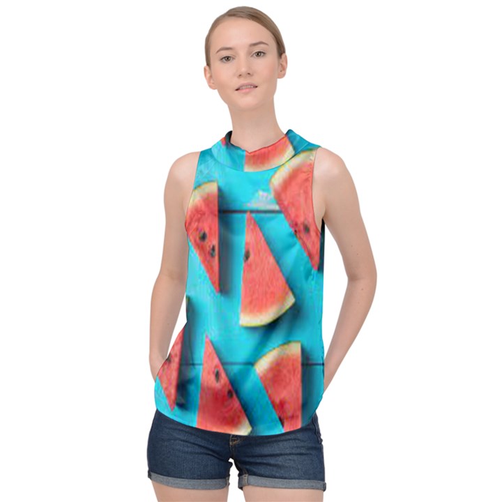 Watermelon Blue Background High Neck Satin Top