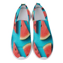 Watermelon Blue Background Women s Slip On Sneakers by Azkajaya