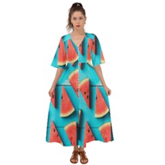 Watermelon Blue Background Kimono Sleeve Boho Dress by Azkajaya