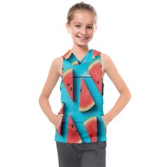 Watermelon Blue Background Kids  Sleeveless Hoodie by Azkajaya