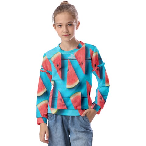 Watermelon Blue Background Kids  Long Sleeve T-shirt With Frill  by Azkajaya