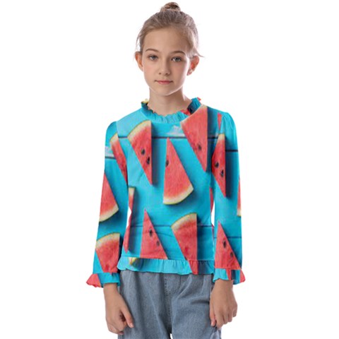 Watermelon Blue Background Kids  Frill Detail T-shirt by Azkajaya