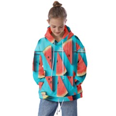 Watermelon Blue Background Kids  Oversized Hoodie by Azkajaya