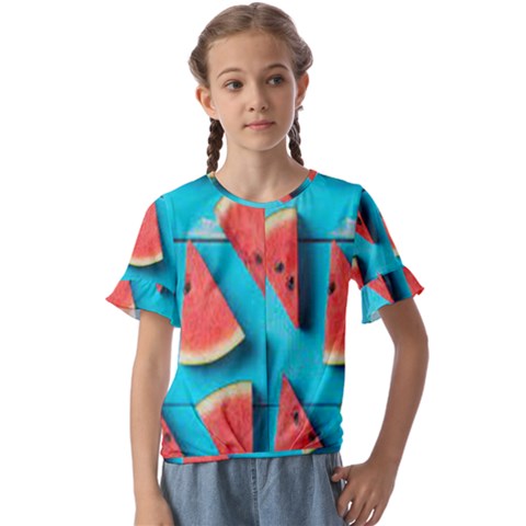 Watermelon Blue Background Kids  Cuff Sleeve Scrunch Bottom T-shirt by Azkajaya