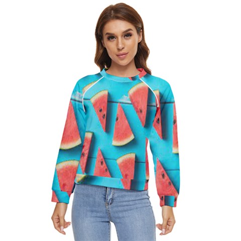 Watermelon Blue Background Women s Long Sleeve Raglan T-shirt by Azkajaya