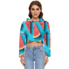 Watermelon Blue Background Women s Lightweight Cropped Hoodie by Azkajaya