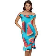 Watermelon Blue Background Off Shoulder Ruffle Split Hem Bodycon Dress by Azkajaya