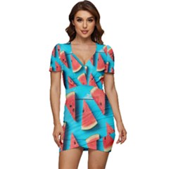 Watermelon Blue Background Low Cut Cap Sleeve Mini Dress by Azkajaya