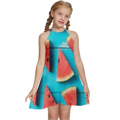 Watermelon Blue Background Kids  Halter Collar Waist Tie Chiffon Dress by Azkajaya