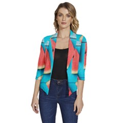 Watermelon Blue Background Women s Draped Front 3/4 Sleeve Shawl Collar Jacket by Azkajaya