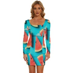 Watermelon Blue Background Long Sleeve Square Neck Bodycon Velvet Dress by Azkajaya