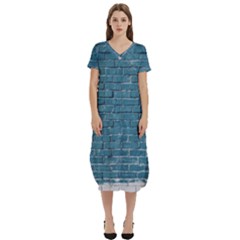 White And Blue Brick Wall T-shirt Midi Dress With Pockets