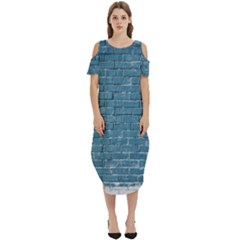 White And Blue Brick Wall Cold Shoulder Loose Fit Dress With Pockets by Azkajaya