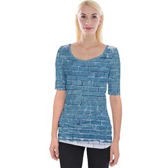 White And Blue Brick Wall Wide Neckline T-shirt