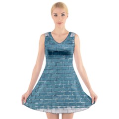 White And Blue Brick Wall V-neck Sleeveless Dress by Azkajaya