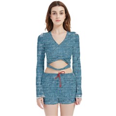 White And Blue Brick Wall Velvet Wrap Crop Top And Shorts Set by Azkajaya