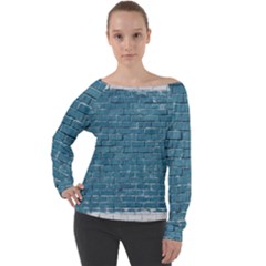 White And Blue Brick Wall Off Shoulder Long Sleeve Velour Top by Azkajaya