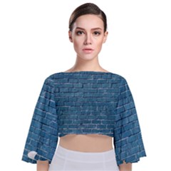 White And Blue Brick Wall Tie Back Butterfly Sleeve Chiffon Top by Azkajaya