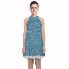 White And Blue Brick Wall Velvet Halter Neckline Dress 