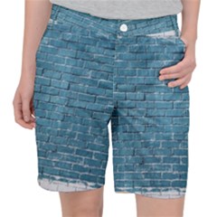 White And Blue Brick Wall Women s Pocket Shorts by Azkajaya