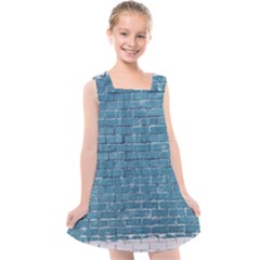 White And Blue Brick Wall Kids  Cross Back Dress by Azkajaya