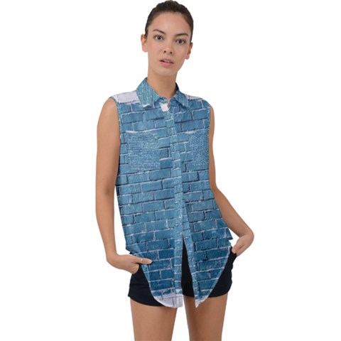 White And Blue Brick Wall Sleeveless Chiffon Button Shirt by Azkajaya