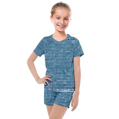 White And Blue Brick Wall Kids  Mesh T-shirt And Shorts Set by Azkajaya